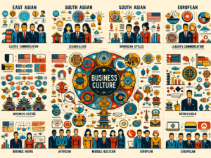 An infographic illustrating key elements of business culture across different countries, including communication styles and leadership approaches