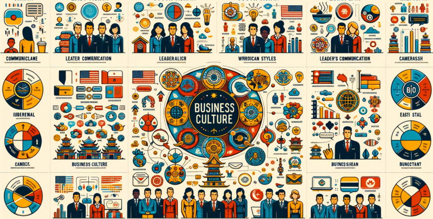 An infographic illustrating key elements of business culture across different countries, including communication styles and leadership approaches