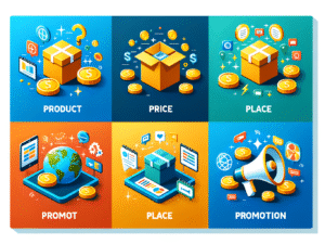 A colorful infographic illustrating the Four Ps of Marketing: Product, Price, Place, and Promotion, with icons representing each segment.