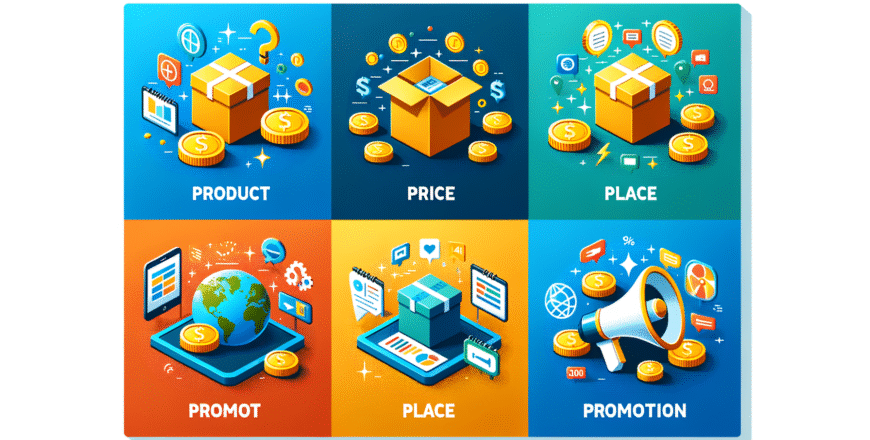A colorful infographic illustrating the Four Ps of Marketing: Product, Price, Place, and Promotion, with icons representing each segment.